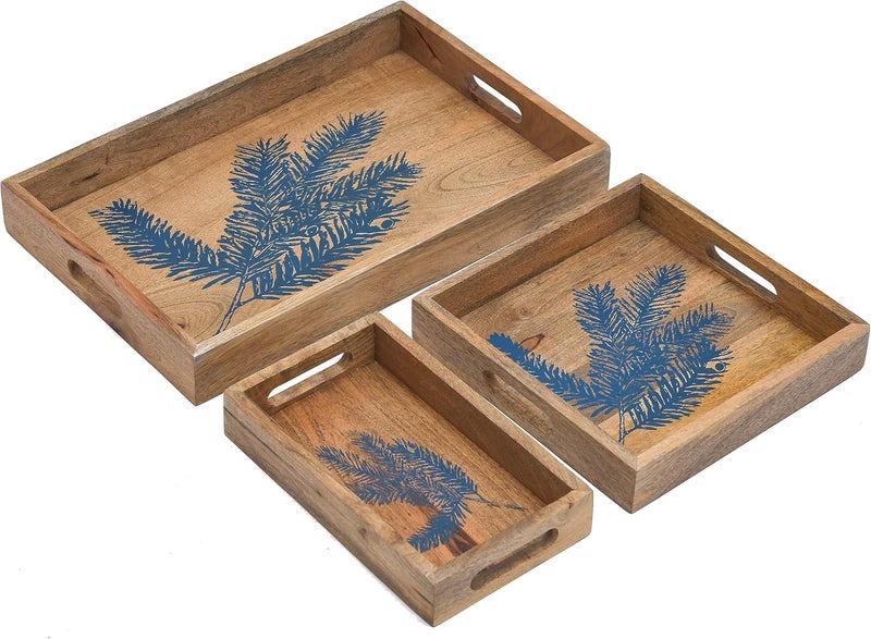 OGGN Bagru Printed Wooden Serving Tray Set of 3 with Handles for Coffee/Tea/Drinks/Cakes/Snacks for Kitchen,Home,Table/Office/Restaurant/Decoration/Gifting/Bagru Printed Tray (17 * 11 * 2) - Image 5