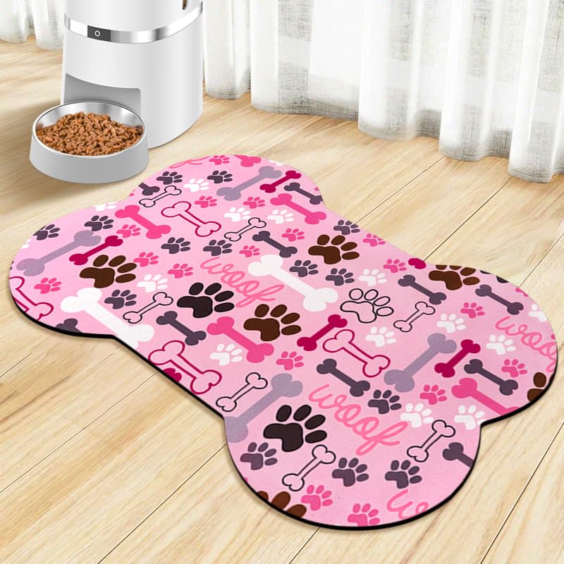 Zoeeya Dog Food Mats for Floors Waterproof, Pet Feeding Absorbent Water Bowl Mat Cat Placemats Pink Bone Shape 19 * 12 inch - Image 1