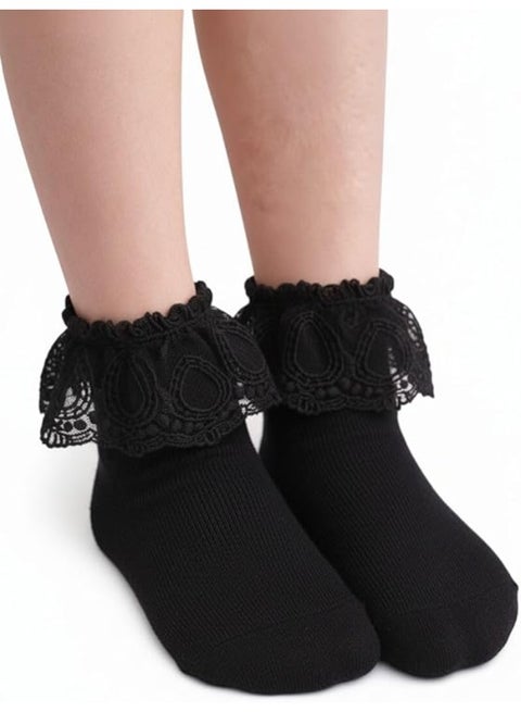 جوارب قطنية للبنات بتزيين دانتيل وكشكشة على الكاحل للفتيات الصغيرات