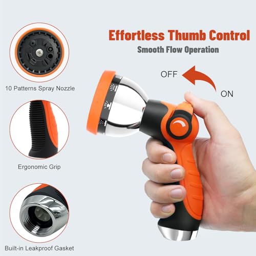 Besiter Garden Hose Nozzle, Hose Sprayer Nozzle with 10 Spray Patterns, Thumb Control On Off Valve, High Pressure Metal Water Hose Nozzle for Car Wash, Plants, Pets & Outdoor Cleaning, Orange - Image 3