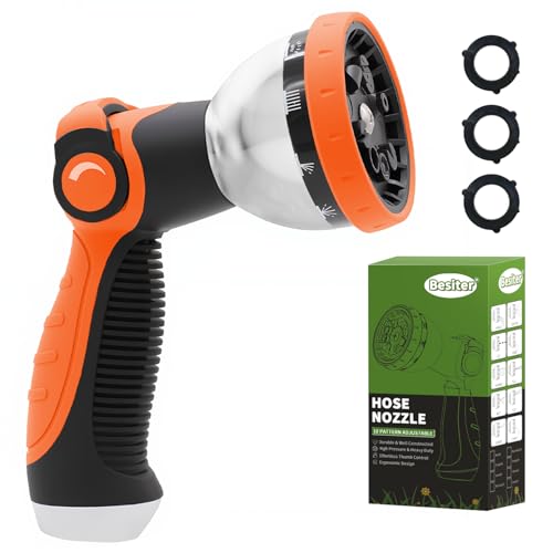 Besiter Garden Hose Nozzle, Hose Sprayer Nozzle with 10 Spray Patterns, Thumb Control On Off Valve, High Pressure Metal Water Hose Nozzle for Car Wash, Plants, Pets & Outdoor Cleaning, Orange - Image 1