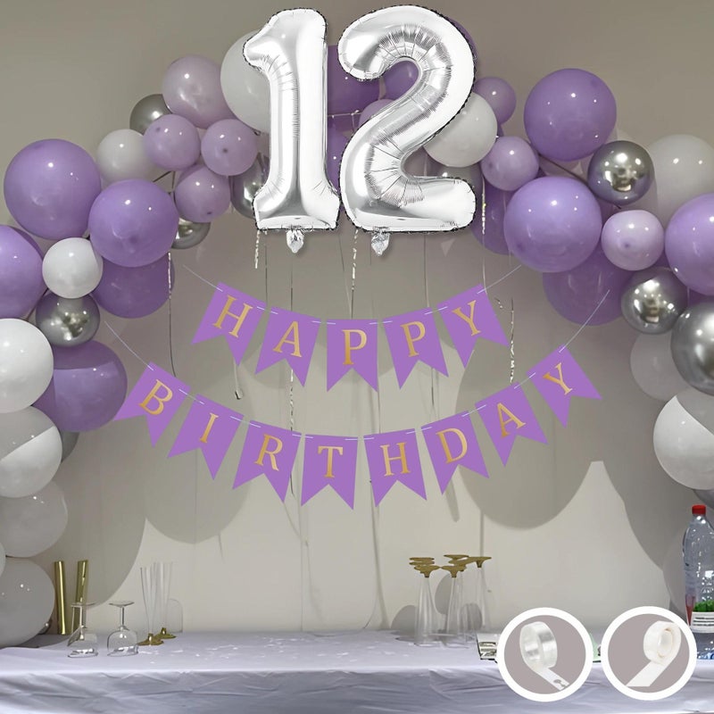 Flyloons 12th Birthday Decoration Items Purple and White Theme Combination for Boys Girls | 30 Pcs Purple White Silver Color Balloons | Purple Happy Birthday Banner | Arch Tape | Glue Dots - Image 3
