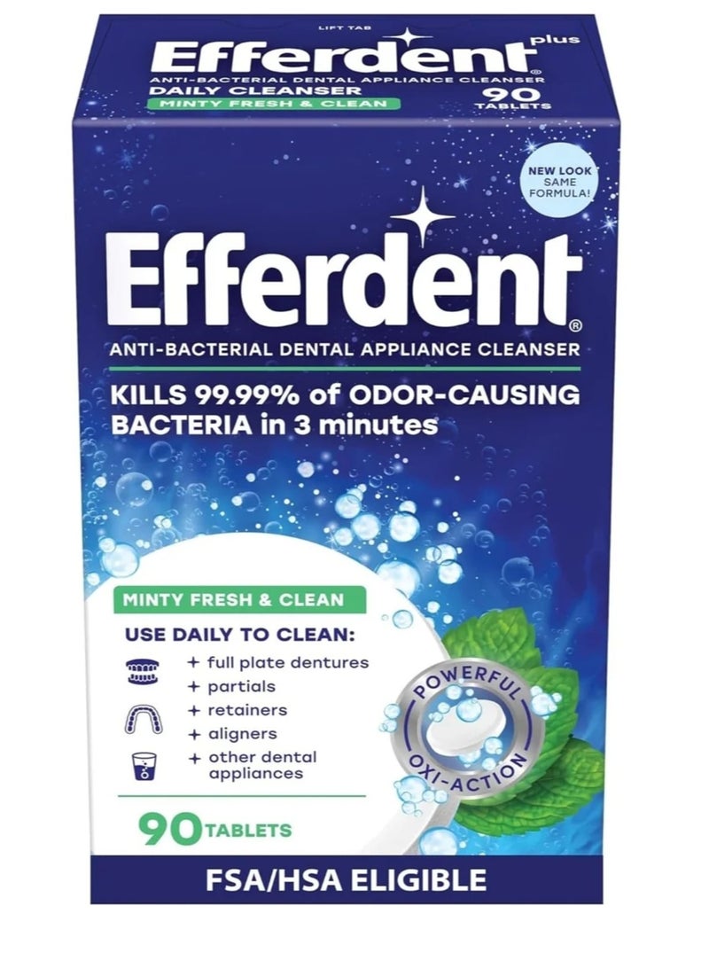Efferdent Retainer and Denture Cleaning Tablets for Dental Appliances, Fresh & Clean, Minty Fresh, 90 Count - Image 1