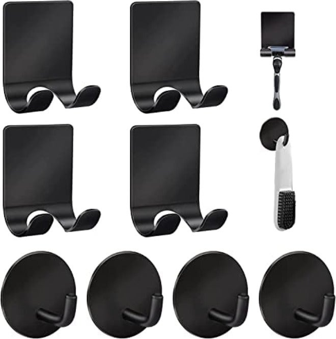 Diesisa Razor Holder 304 Stainless Steel for Shower + Adhesive Sticky Heavy Duty Waterproof Wall Hooks, Premium for Hanging Towels, Coat, hat (2+2 Pack) - Black - Image 1
