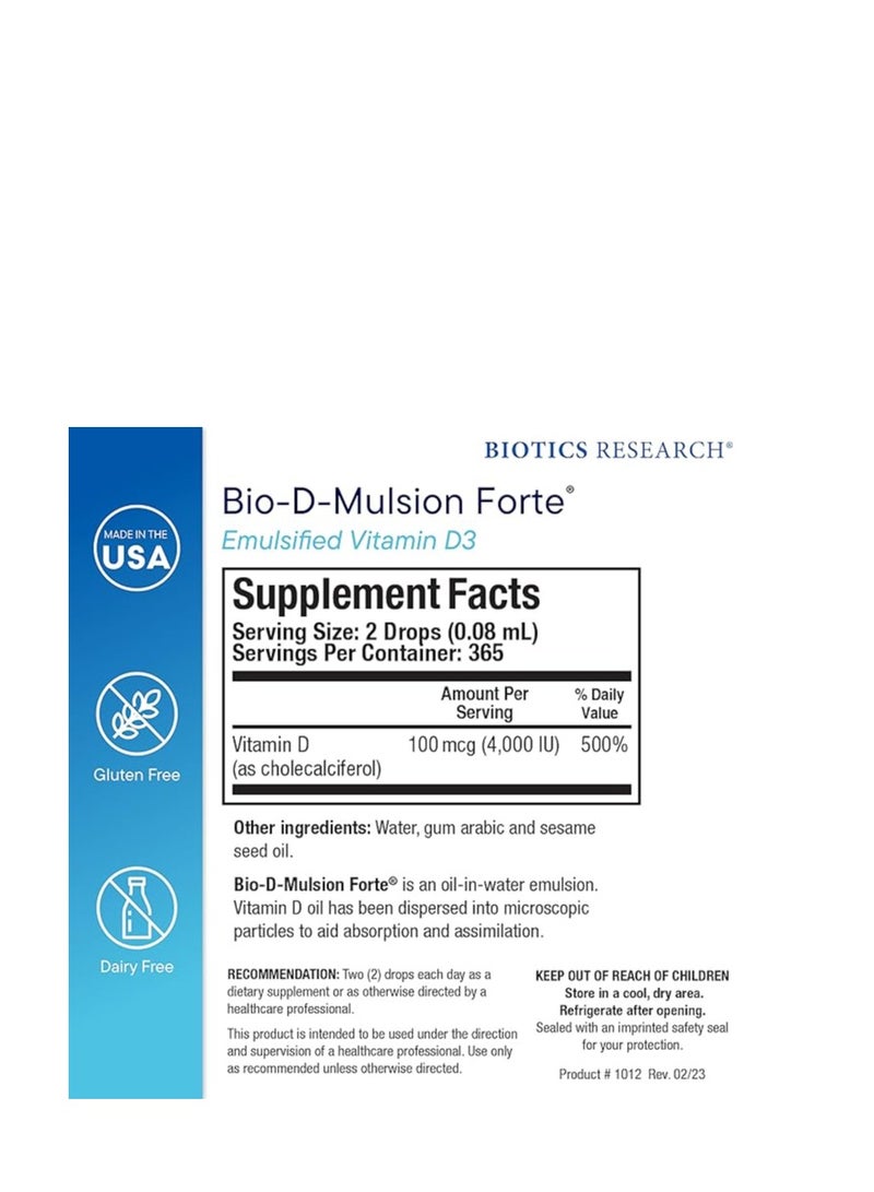 بيوتيكس ريسيرش قطرات سائلة من io D Mulsion Forte فيتامين D3، 50 للحصول على أفضل امتصاص، وتقوي العظام، وتدعم الجهاز المناعي، ونظام القلب والأوعية الدموية، 1 أونصة سائلة - Image 2