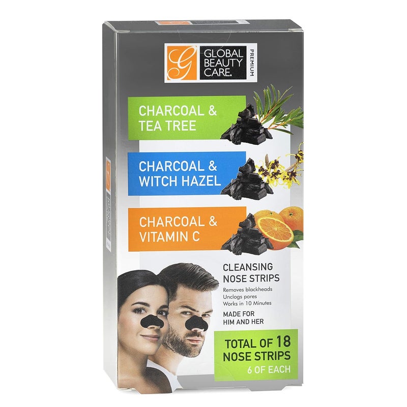 Global Beauty Care Premium 18 Nose Cleansing Strips VARIETY PACK Charcoal with Tea Tree Witch Hazel  Vitamin C For Blackheads Removal Strips  18 Ct