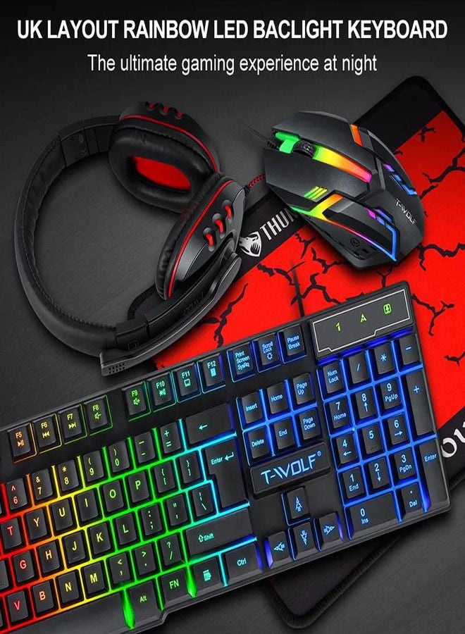 مجموعة ألعاب 4 في 1 مع لوحة مفاتيح بإضاءة خلفية LED وسماعة رأس مبطنة للألعاب وفأرة RGB مثالية لجلسات الألعاب الطويلة وقبضة مريحة وإكسسوارات ألعاب مريحة