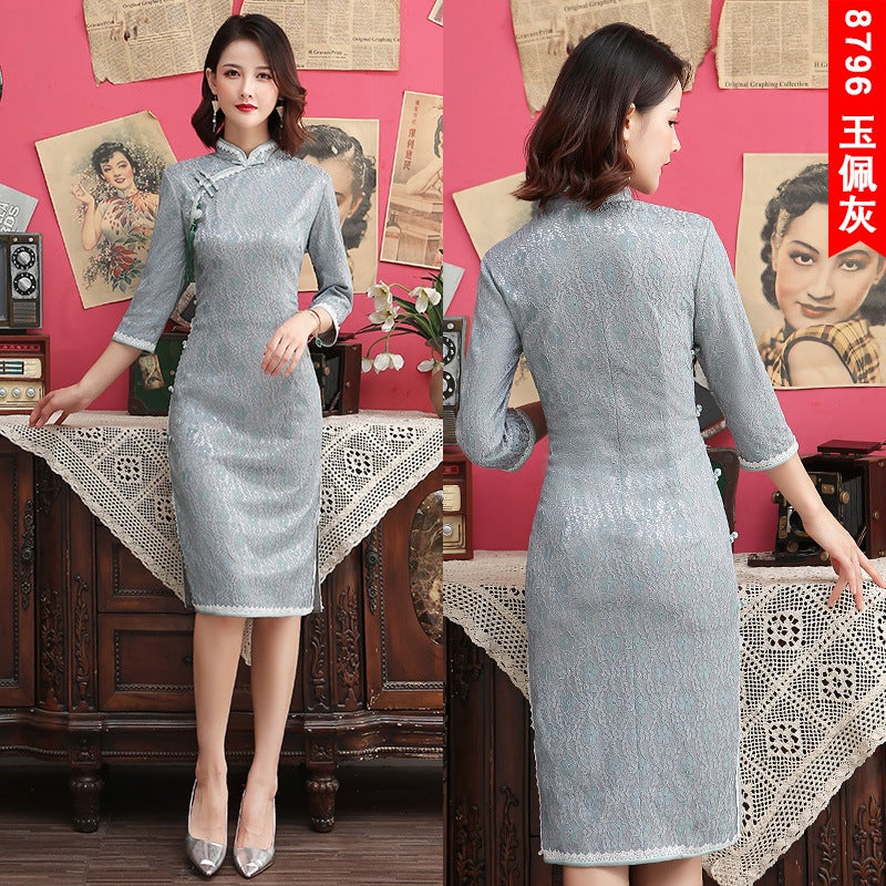 Cropped Sleeve Lace Cheongsam Improved Plus Size Mid-Length Banquet Performance Slim-Fit Chinese Style Dress - Image 1