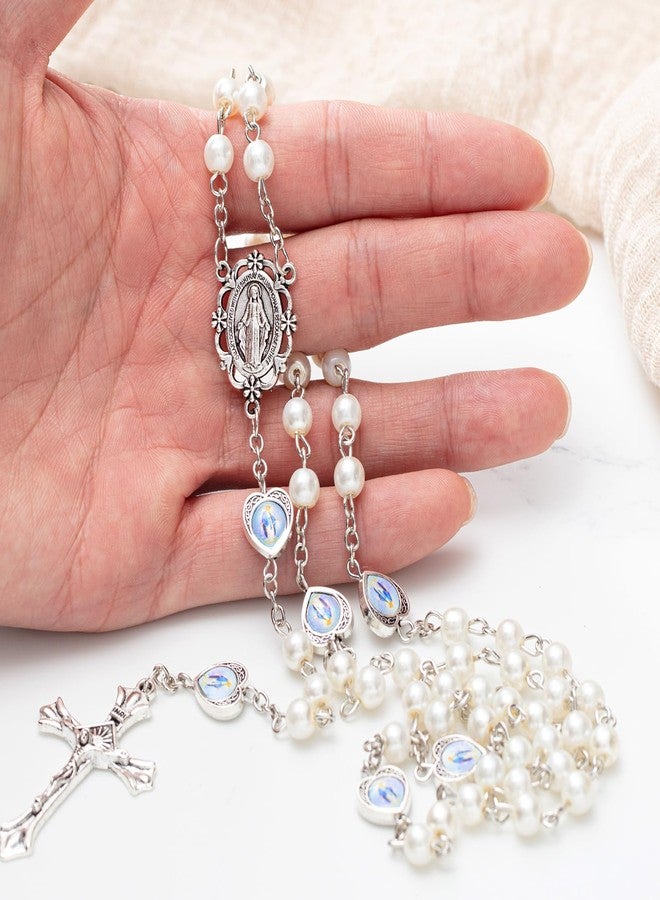 ROCEEI Catholic Glass Pearl Beads Rosary Necklace 6 mm Beaded Cross Necklace with Crucifix and Rosary for Women, glass beads, alloy parts, glass beads, alloy parts - Image 3