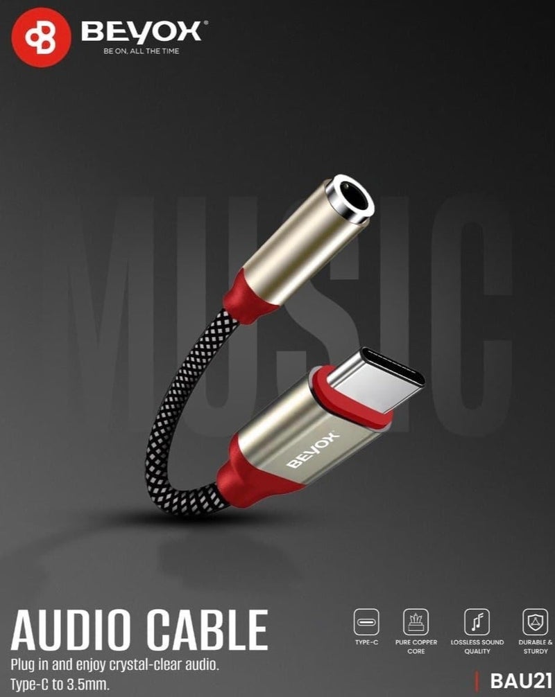 BEYOX BAU21 Type-C to 3.5mm Audio Cable Adapter, Braided Type-C AUX Cable with Pure Copper Core, Lossless Sound, Durable Headphone & Car Audio Connector - Image 1