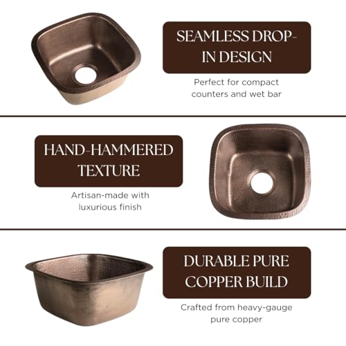 Monarch Abode 15-inch Hand Hammered Pure Copper Atlas Dual Mount Drop in Kitchen Sinks, Drop in or Undermount Kitchen Sink, Dual Mount Bar Prep Sinks, Deep Single Bowl - Image 5