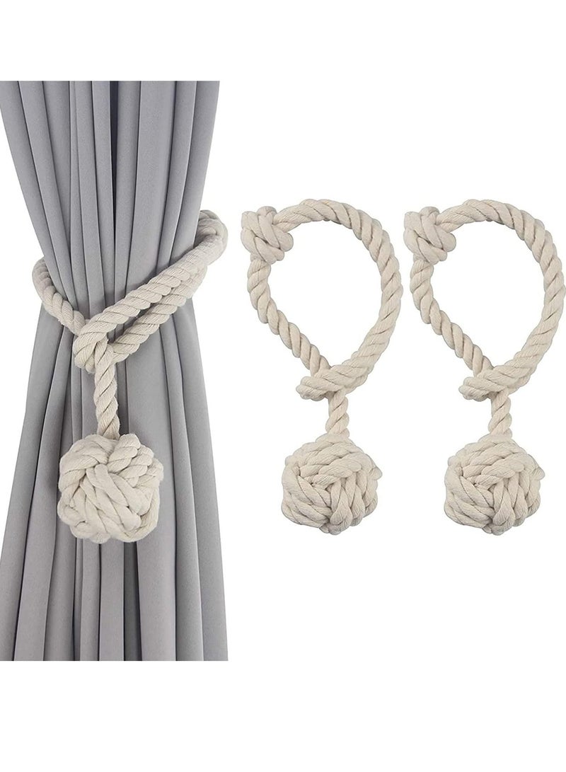 NIBEMINENT Curtain Tiebacks, Handmade Natural Cotton Rope Tie Bakes, Decorative Knot Ball Holdbacks for Curtains, Living Room, Office Window Drapery Round Finial Bakes (Beige)2 Pack - Image 1