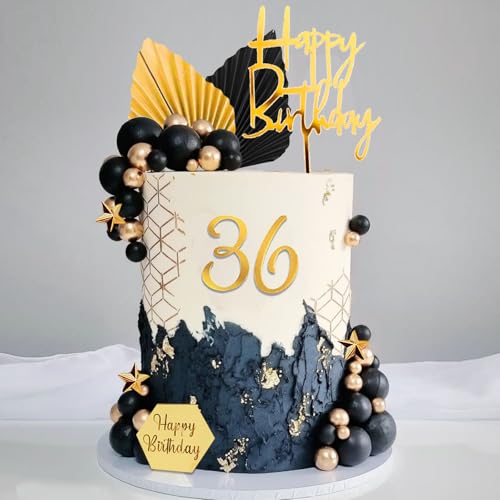 SONICEBUY 44 قطعة من كرات تزيين الكعك للرجال مع كرات سوداء وذهبية وأوراق نخيل وأرقام أكريليك 09 وعبارات عيد ميلاد سعيد لتزيين كعك الرجال والأولاد لموضوع عيد ميلاد أسود ومستلزمات حفلات استحمام الأطفال وحفلات الزفاف - Image 1