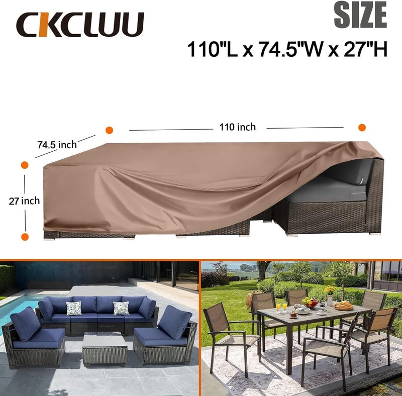 CKCLUU أغطية أثاث الفناء - مقاومة للماء - متينة - غطاء أريكة زاوية خارجية - غطاء أريكة خارجية - غطاء ط��ولة طعام وكراسي خارجية - متينة - 110 بوصة طول × 74.5 بوصة عرض - بني - Image 2