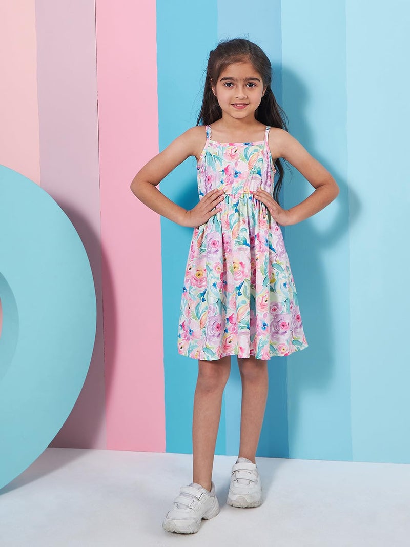 Pspeaches Girl's Floral Print Shoulder Strap Georgette Fit & Flare Above The Knee Dress (9-10Years) Blue - Image 2