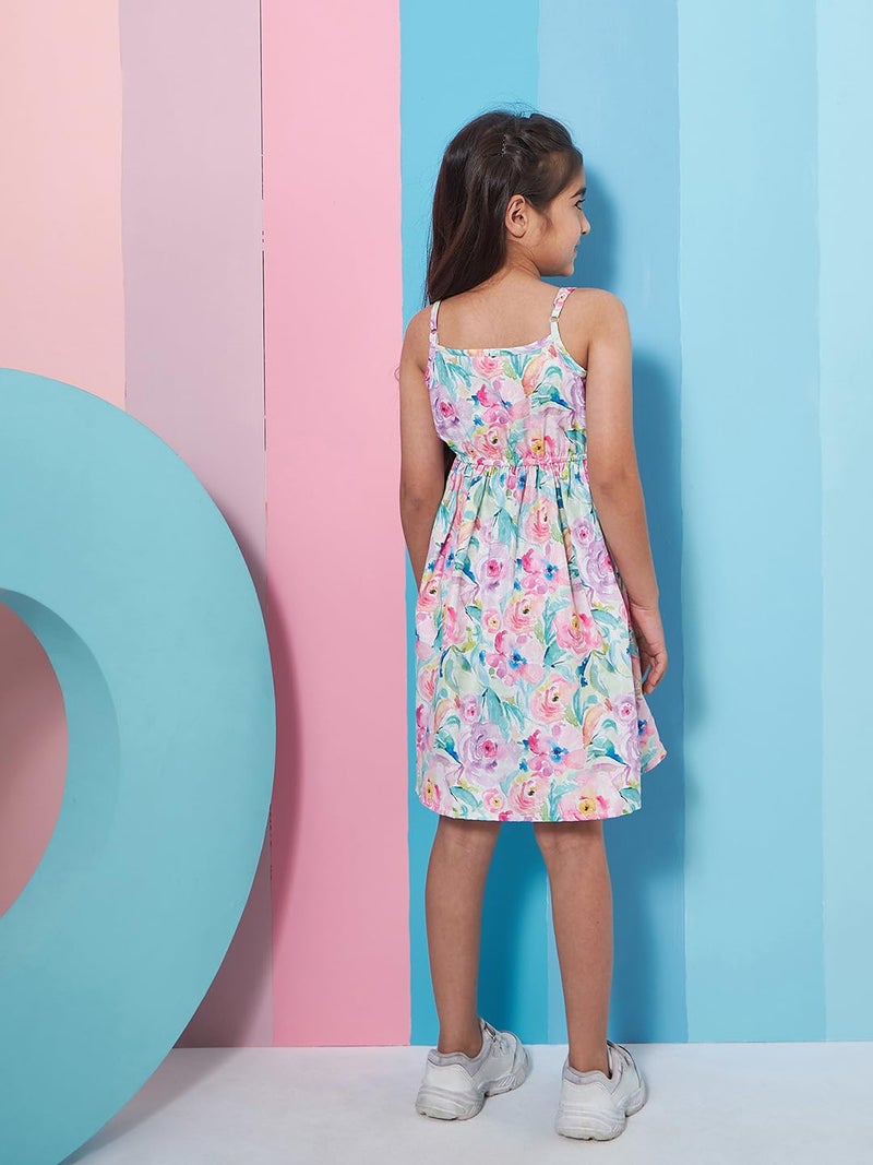 Pspeaches Girl's Floral Print Shoulder Strap Georgette Fit & Flare Above The Knee Dress (9-10Years) Blue - Image 3