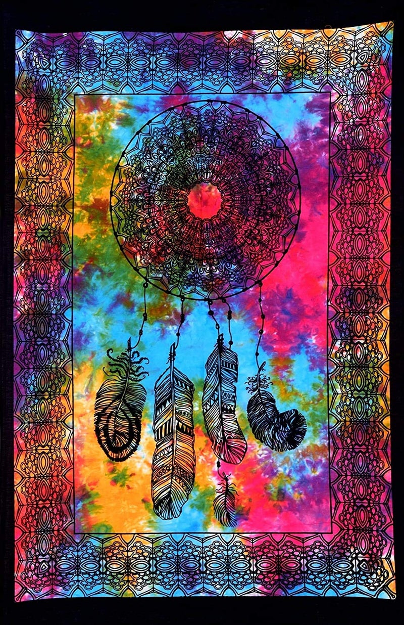 Doraya Psychedelic Dream Catcher Tie Dye Mandala Tapestry Hippie Hippy Celestial Wall Hanging Indian Bohemian Tapestries Multicolour Twin 54x84 Inches - Image 1