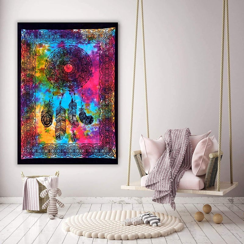 Doraya Psychedelic Dream Catcher Tie Dye Mandala Tapestry Hippie Hippy Celestial Wall Hanging Indian Bohemian Tapestries Multicolour Twin 54x84 Inches - Image 2