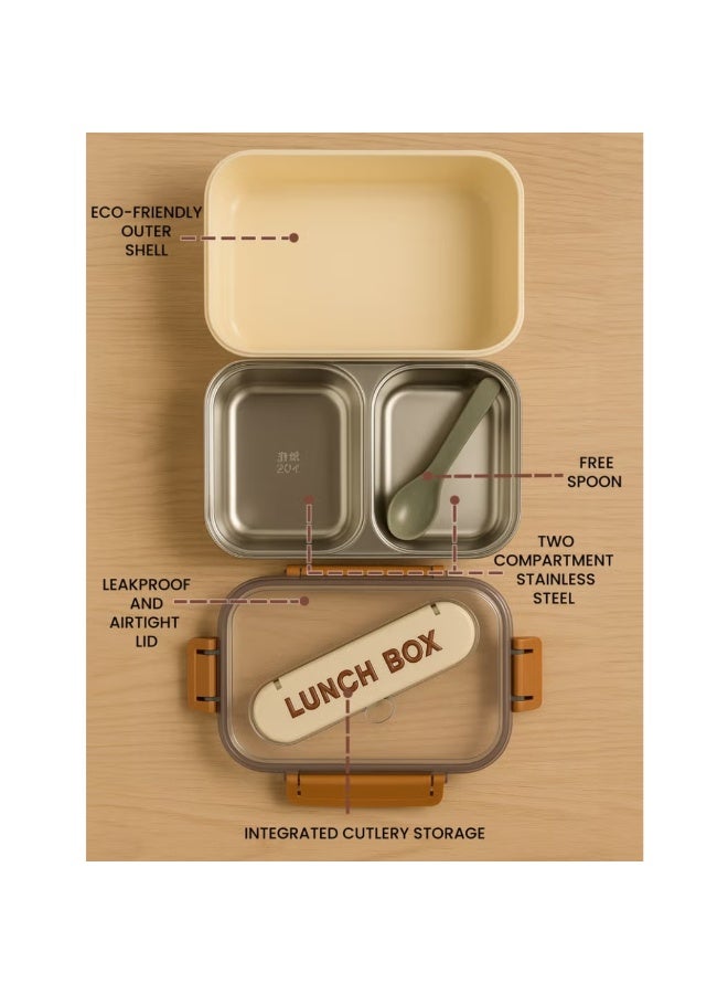 طلال علبة غداء كلاسيكية من الفولاذ المقاوم للصدأ سعة 1.4 لتر - علبة وجبات بينتو ذات قسمين، مزودة بملعقة وفتحة مدمجة لأدوات المائدة على الغطاء - آمنة للاستخدام في المجمد وغسالة الصحون والميكروويف، مانعة للتسرب ومحكمة الإغلاق، خالية من مادة BPA، خفيفة الوزن، حاوية طعام متينة للبالغين والأطفال - للمنزل والمكتب والمدرسة والحضانة والسفر - Image 2