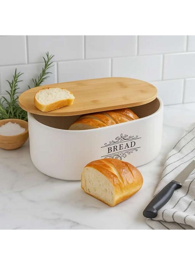 Pan Home Kevi Bread Bin With Wooden Lid 29.5x19x12.5cm - White - Image 1
