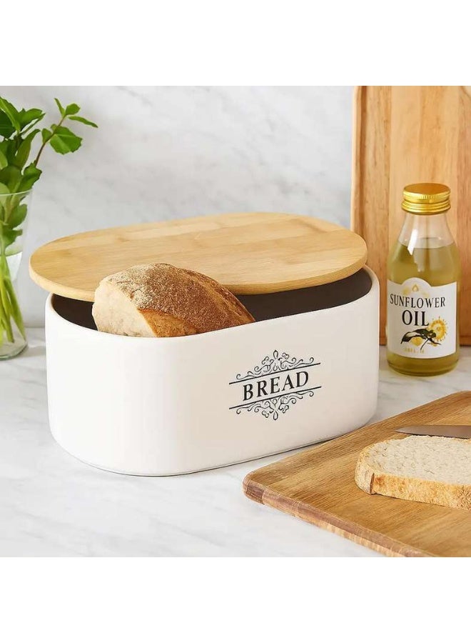 Pan Home Kevi Bread Bin With Wooden Lid 29.5x19x12.5cm - White - Image 2
