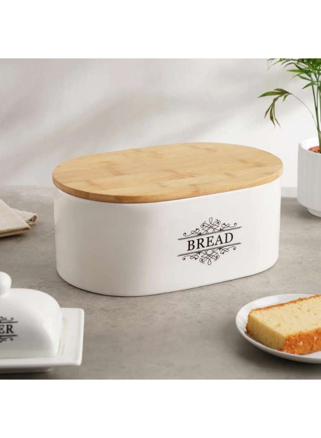 Pan Home Kevi Bread Bin With Wooden Lid 29.5x19x12.5cm - White - Image 3