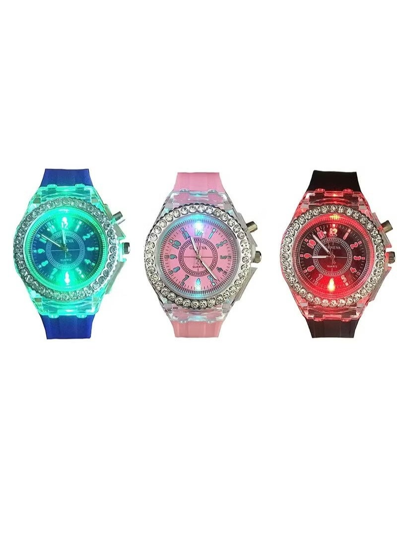 Geneva - 3 Pcs Silicone Bling Women Men Kids Watches Watch LED Luminous Colorful Lights Sport Waterproof Watches Girls Boys - Image 1