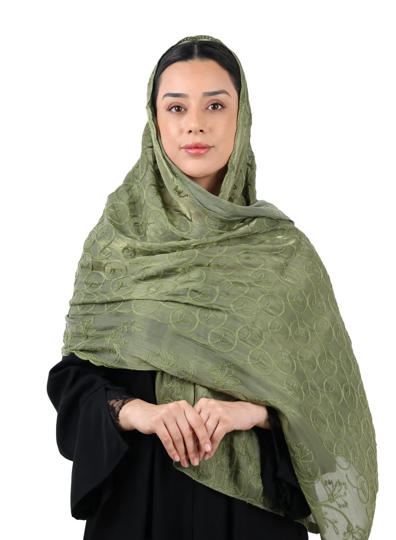 Premium Circle Motif Organza Scarf (Olive Green)