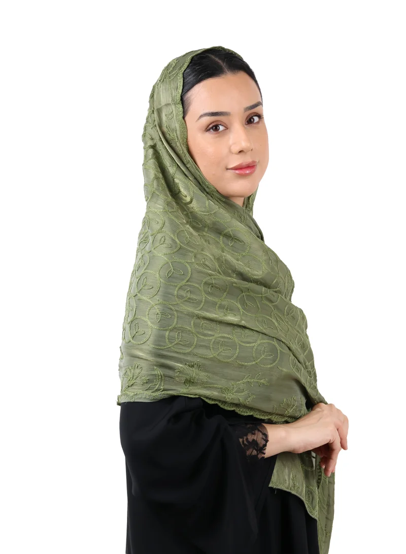 Jameela Premium Circle Motif Organza Scarf (Olive Green)