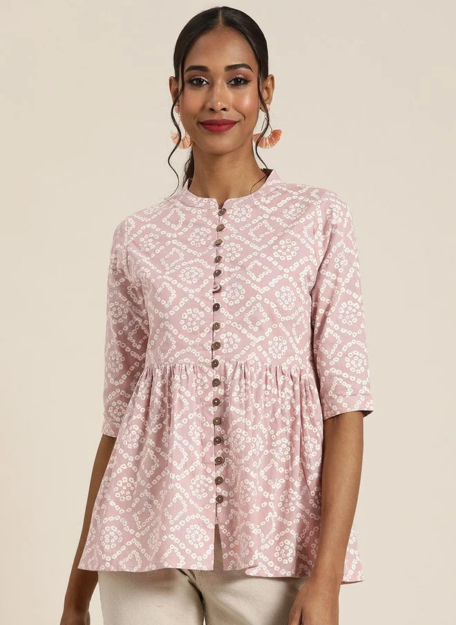 SASSAFRAS Mauve & White Print Cotton Peplum Top for Women