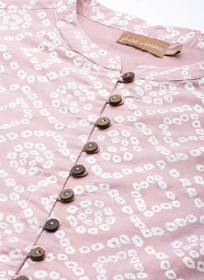 SASSAFRAS Mauve & White Print Cotton Peplum Top for Women