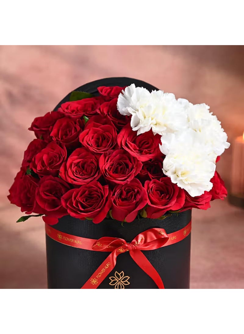 Floweraura FlowerAura Fresh Live Flower Bouquet of 25 Red Rose 3 Carnations Flower In Box For Birthday Gift Anniversary Gift Valentines Day Gift For Boyfriend Girlfriend Wife Husband Same Day Delivery  - Image 2