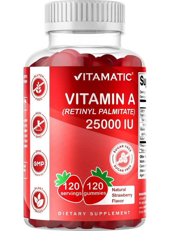 Vitamatic فيتامينات فيتامين أ خالية من السكر 25000 وحدة دولية - نكهة الفراولة الطبيعية - 120 حبة جيلاتينية قائمة على البكتين (زجاجتان) - Image 1