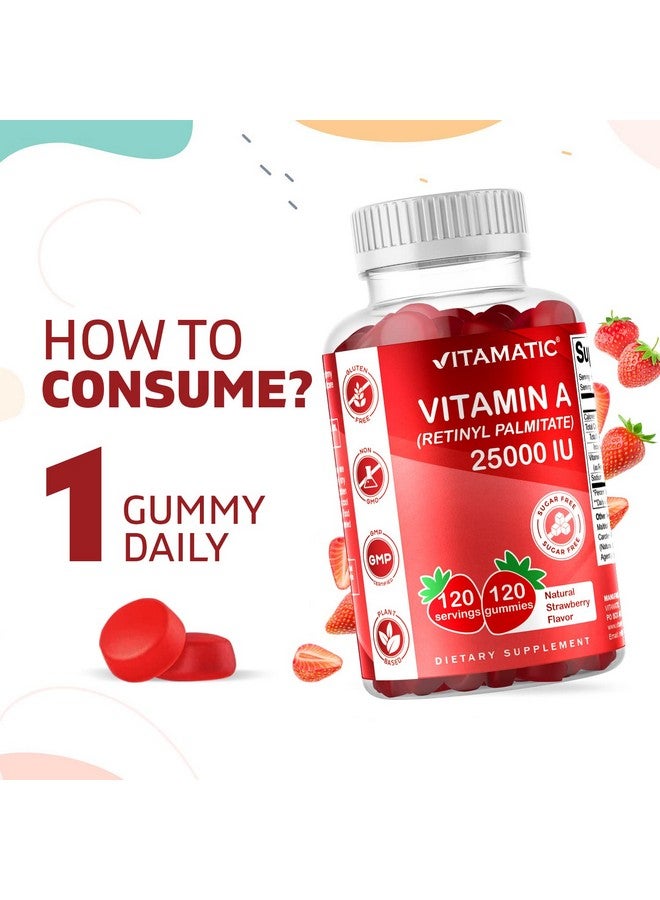 Vitamatic فيتامينات فيتامين أ خالية من السكر 25000 وحدة دولية - نكهة الفراولة الطبيعية - 120 حبة جيلاتينية قائمة على البكتين (زجاجتان) - Image 4