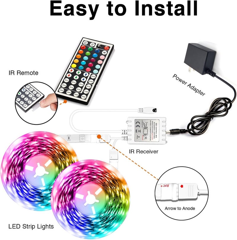 dalattin Led Lights for Bedroom 130ft RGB Led Strip Lights Color Changing Kit with 44 Keys Remote Controller and 24V Power Supply Led Light Strips Indoor Decoration,2 Rolls of 65ft - Image 5