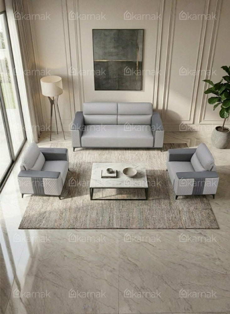 Karnak Kinzli Modern 5-Seater Sofa Set | Leather Tufted Couch | Grey Comfortable Armrest Sofa Set for Living Room Apartment, Villas Furniture - Image 2