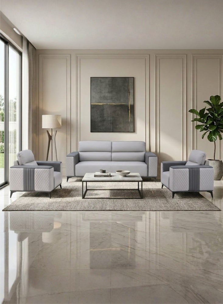 Karnak Kinzli Modern 5-Seater Sofa Set | Leather Tufted Couch | Grey Comfortable Armrest Sofa Set for Living Room Apartment, Villas Furniture - Image 1