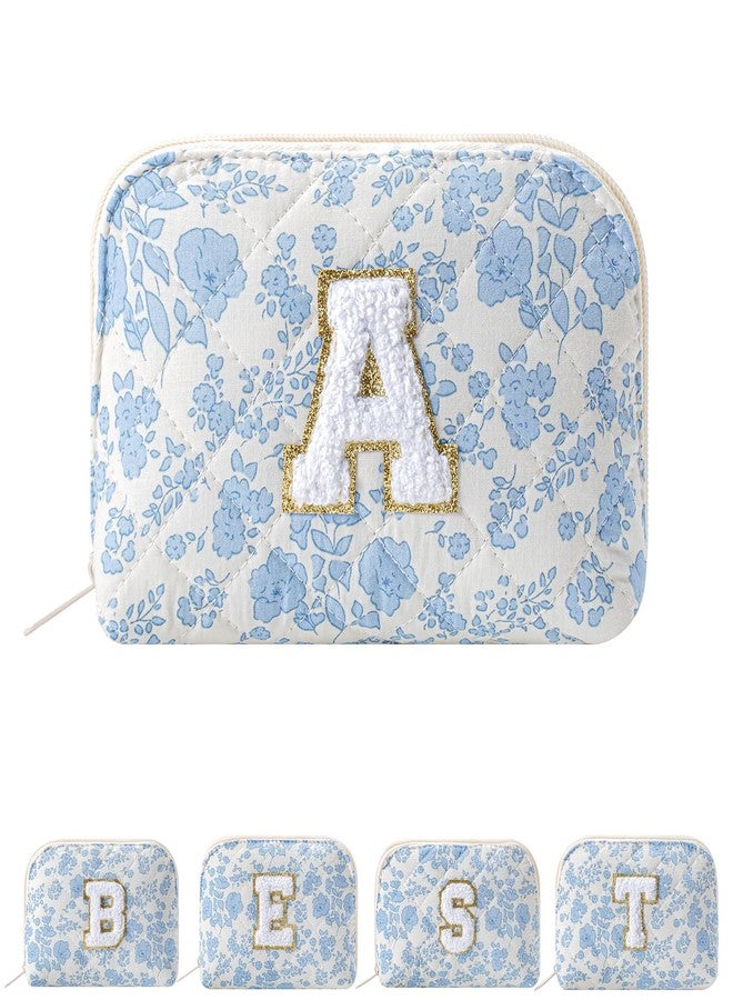 JOVAKIT Conch Alphabet Makeup Bag Cosmetic Bag for Women, Christmas Gifts for Women Girls, Blue Floral Coquette Travel Bag, Zipper Make Up Pouch Organizer Trendy Stuff (Blue Floral A) - Image 1