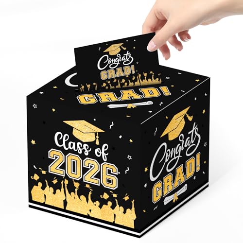 PERFQU Graduation Card Box 2026 Congrats Grad Card Boxes Holder Black and Gold Class of 2026 Gift Cards Box for Graduation Decorations 2026 Favors Party Decor Supplies Props 9x 9 x 9 inches - Image 3