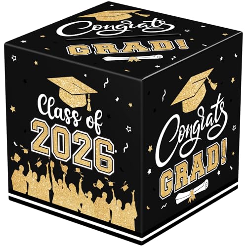 PERFQU Graduation Card Box 2026 Congrats Grad Card Boxes Holder Black and Gold Class of 2026 Gift Cards Box for Graduation Decorations 2026 Favors Party Decor Supplies Props 9x 9 x 9 inches - Image 1