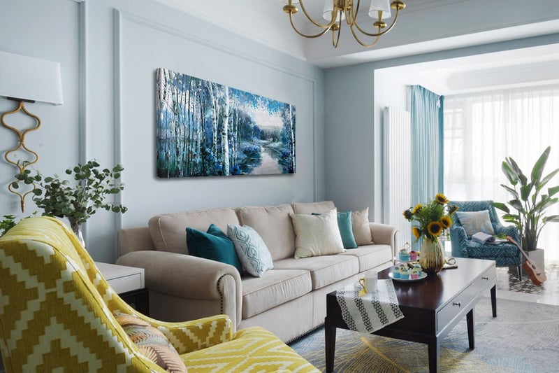 Arjun Canvas Wall Art Blue Landscape Painting Nature Forest Teal Mountain River Picture Rustic Birch Tree One Panel 48"x24" Large Artwork Prints Framed for Living Room Bedroom Home Office Wall Décor - Image 5