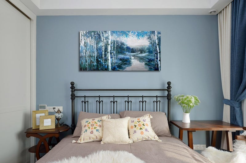 Arjun Canvas Wall Art Blue Landscape Painting Nature Forest Teal Mountain River Picture Rustic Birch Tree One Panel 48"x24" Large Artwork Prints Framed for Living Room Bedroom Home Office Wall Décor - Image 4