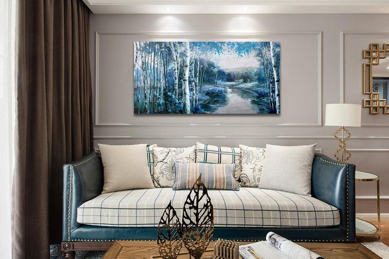 Arjun Canvas Wall Art Blue Landscape Painting Nature Forest Teal Mountain River Picture Rustic Birch Tree One Panel 48"x24" Large Artwork Prints Framed for Living Room Bedroom Home Office Wall Décor - Image 3