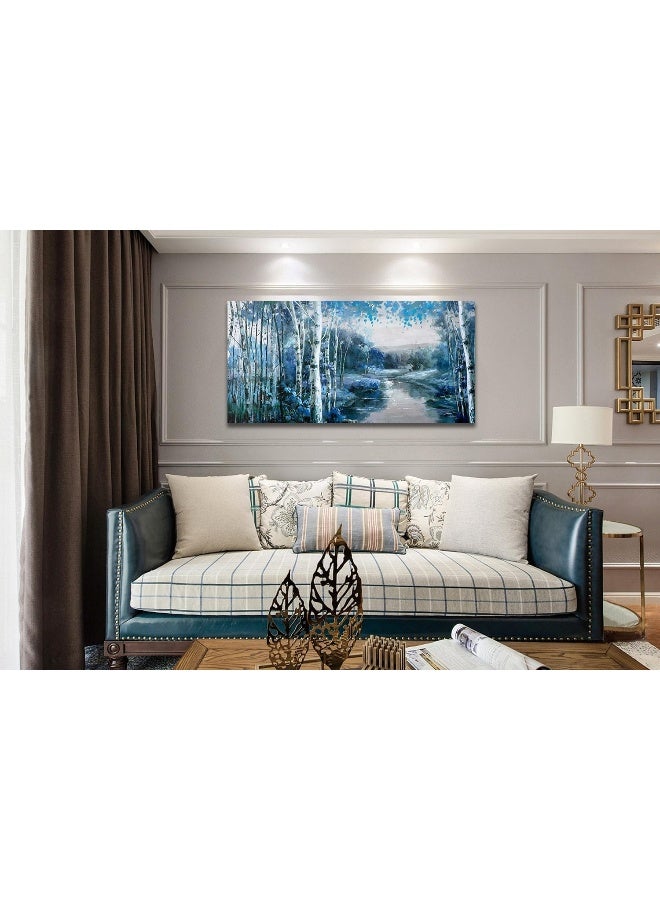 Arjun Canvas Wall Art Blue Landscape Painting Nature Forest Teal Mountain River Picture Rustic Birch Tree One Panel 48"x24" Large Artwork Prints Framed for Living Room Bedroom Home Office Wall Décor - Image 2