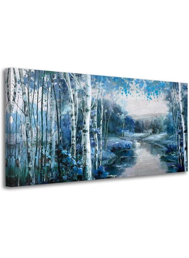 Arjun Canvas Wall Art Blue Landscape Painting Nature Forest Teal Mountain River Picture Rustic Birch Tree One Panel 48"x24" Large Artwork Prints Framed for Living Room Bedroom Home Office Wall Décor - Image 1