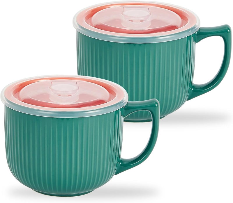 Hoilse Ceramic Soup Bowls with Handle and Vented Lid 32oz Large Wide Soup Mugs with handles Soup Cups for Ramen Pastas Salads Cereals Microwave and Dishwasher Safe  Set of 2 Green  Orange - Image 1