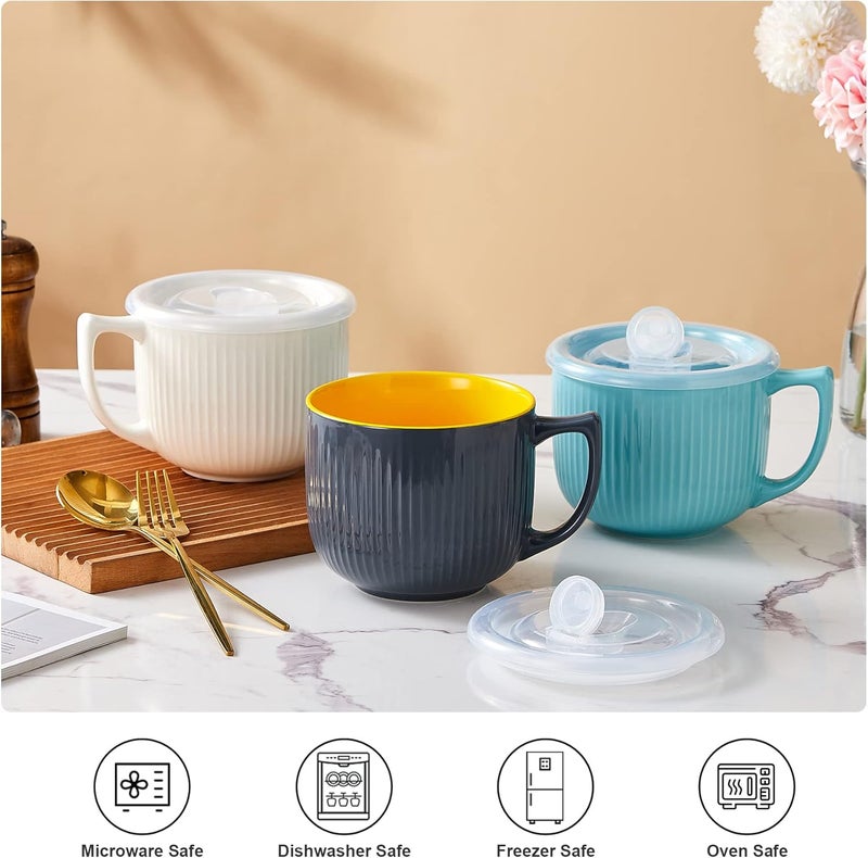 Hoilse Ceramic Soup Bowls with Handle and Vented Lid 32oz Large Wide Soup Mugs with handles Soup Cups for Ramen Pastas Salads Cereals Microwave and Dishwasher Safe  Set of 2 Green  Orange - Image 5