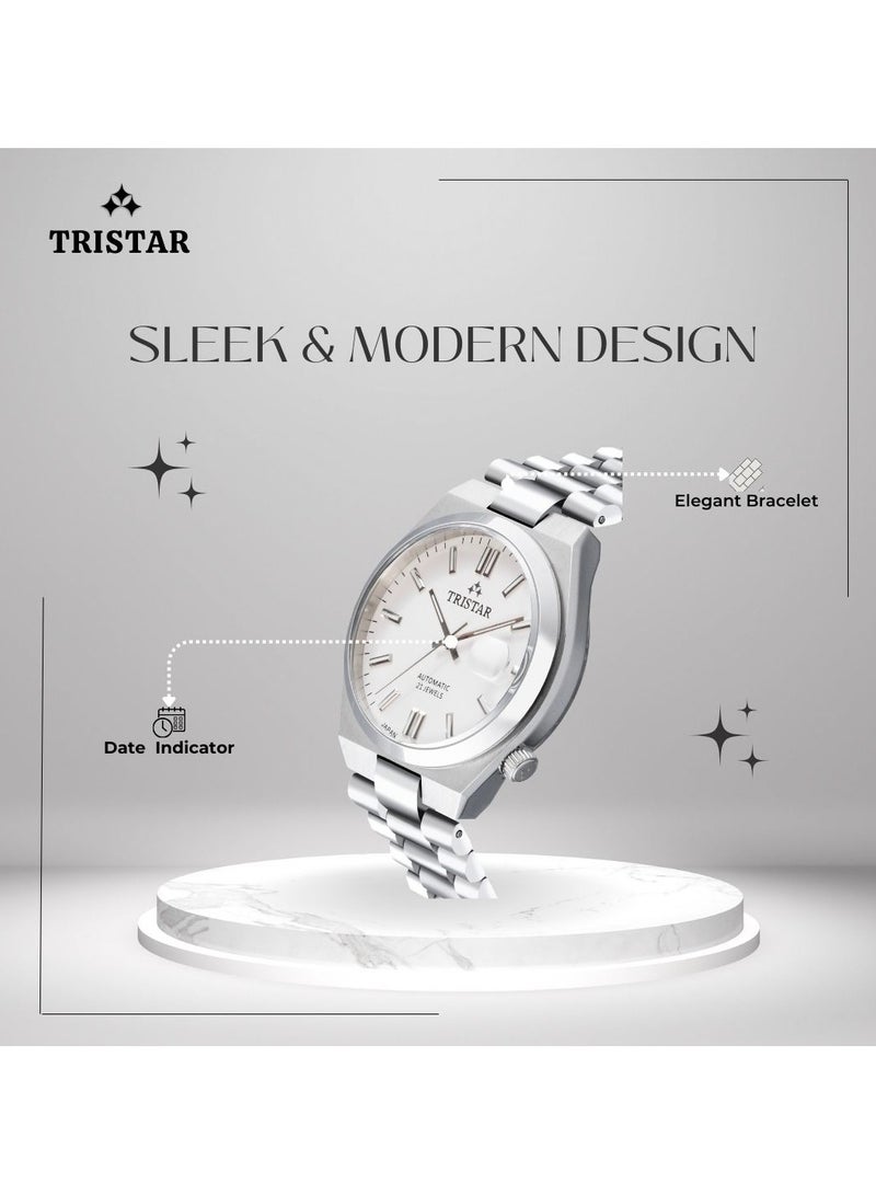Tristar ساعة يد أوتوماتيكية للرجال من سلسلة تريستار NJ بقرص أبيض ومؤشرات من الفولاذ المقاوم للصدأ - Image 2