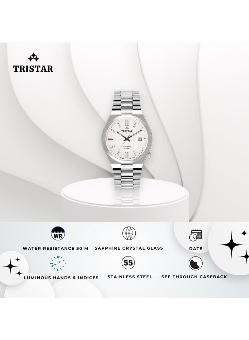 Tristar ساعة يد أوتوماتيكية للرجال من سلسلة تريستار NJ بقرص أبيض ومؤشرات من الفولاذ المقاوم للصدأ - Image 3