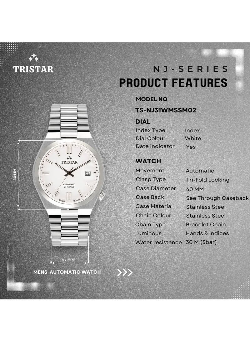 Tristar ساعة يد أوتوماتيكية للرجال من سلسلة تريستار NJ بقرص أبيض ومؤشرات من الفولاذ المقاوم للصدأ - Image 4
